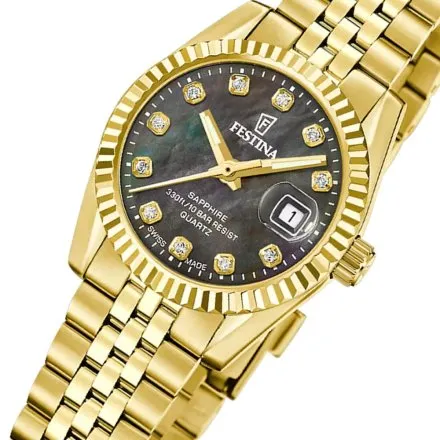 Festina Classic Zegarek Damski złoty na bransolecie z czarną perłową tarczą 20089/3