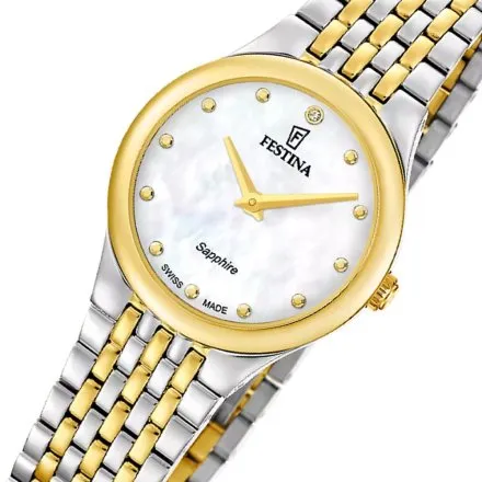Festina Grace Zegarek Damski srebrno-złoty na bransolecie z perłową tarczą 20097/1