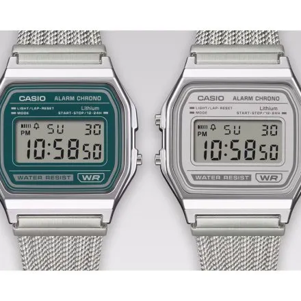 Casio Vintage A158WEM-7EF srebrny zegarek w stylu retro z wyświetlaczem i bransoletą typu mesh
