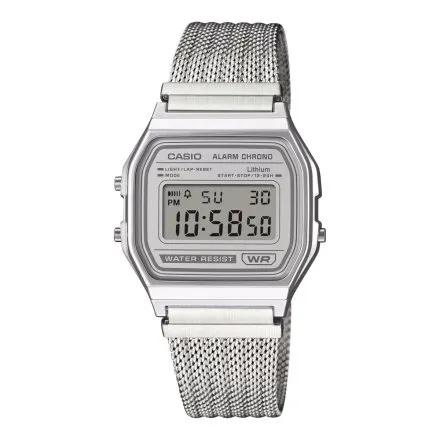 Casio Vintage A158WEM-7EF srebrny zegarek w stylu retro z wyświetlaczem i bransoletą typu mesh