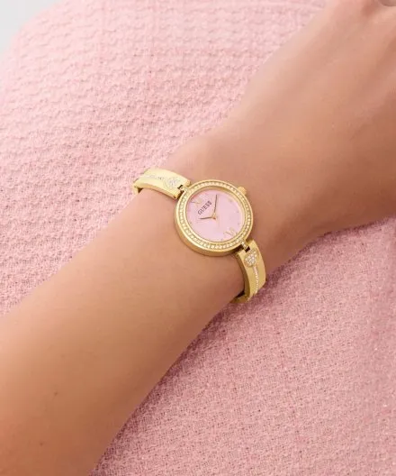 Guess Lovey zegarek damski złoty z kryształkami i różową tarczą GW0655L5