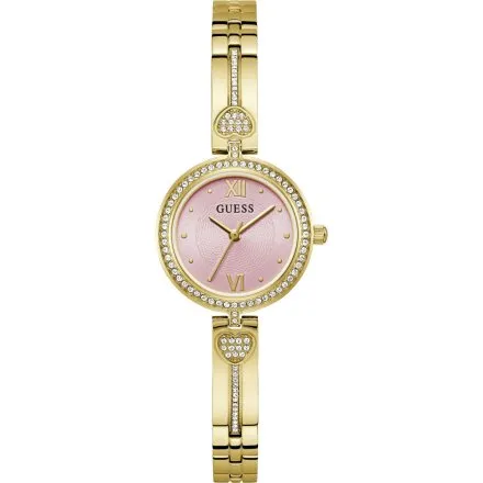 Guess Lovey zegarek damski złoty z kryształkami i różową tarczą GW0655L5