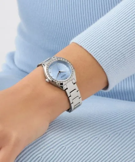 Guess Charlotte zegarek damski srebrny delikatny z kryształkami i błękitną tarczą GW0767L6