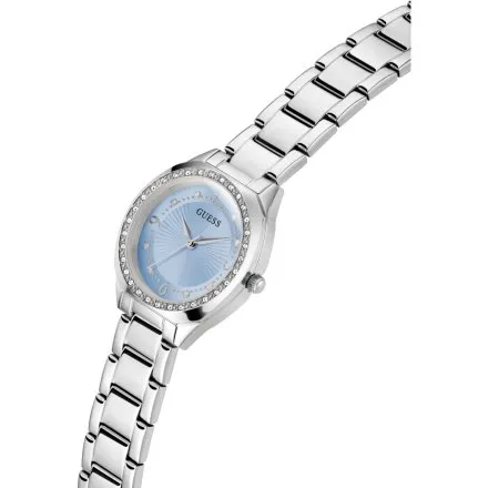 Guess Charlotte zegarek damski srebrny delikatny z kryształkami i błękitną tarczą GW0767L6