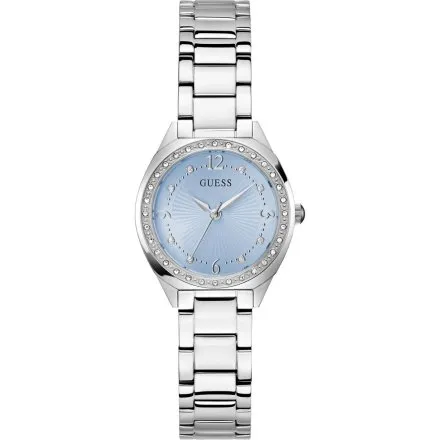 Guess Charlotte zegarek damski srebrny delikatny z kryształkami i błękitną tarczą GW0767L6