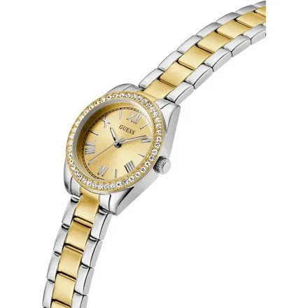 Guess Mini Luna srebrny zegarek damski na bransolecie ze złotymi detalami GW0841L2