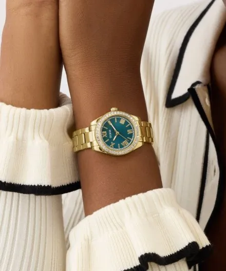 Guess Mini Luna złoty zegarek damski na bransolecie z zieloną tarczą GW0841L9
