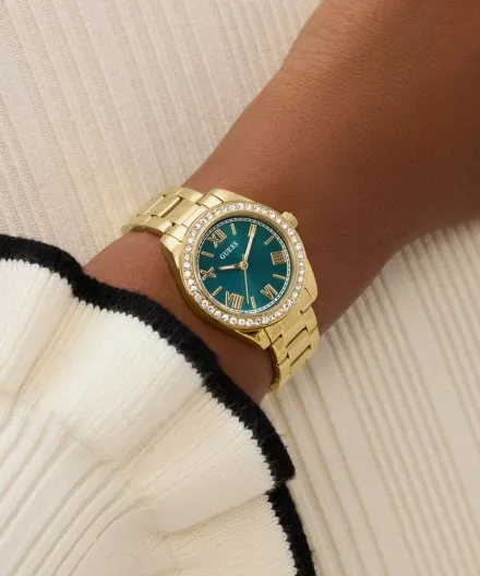 Guess Mini Luna złoty zegarek damski na bransolecie z zieloną tarczą GW0841L9