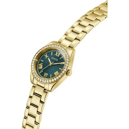 Guess Mini Luna złoty zegarek damski na bransolecie z zieloną tarczą GW0841L9
