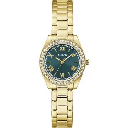 Guess Mini Luna złoty zegarek damski na bransolecie z zieloną tarczą GW0841L9
