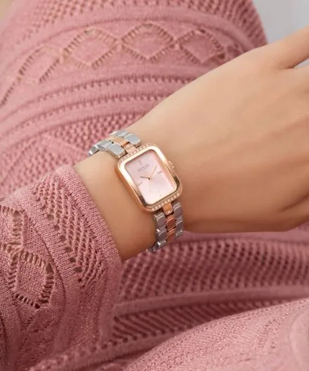 Guess Isla prostokątny zegarek damski różowozłoto-srebrny na bransolecie GW0865L5