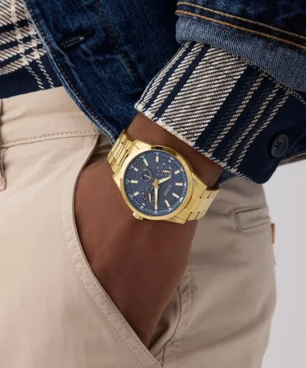 Guess Trey złoty zegarek męski granatowa tarcza multidata GW0963G2