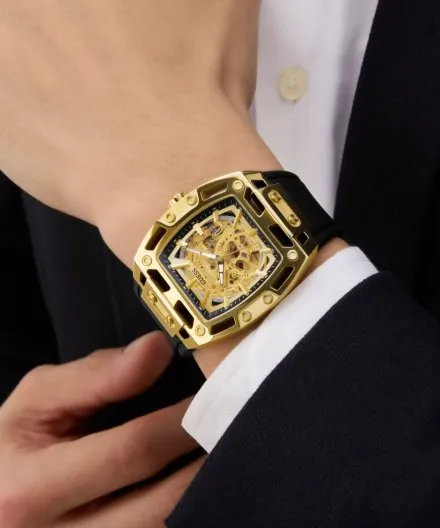 Guess Phoenix złoty zegarek automatyczny męski z czarnym paskiem GW0980G2