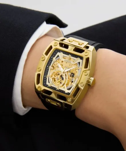 Guess Phoenix złoty zegarek automatyczny męski z czarnym paskiem GW0980G2