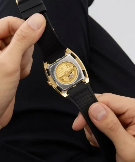 Guess Phoenix złoty zegarek automatyczny męski z czarnym paskiem GW0980G2