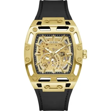 Guess Phoenix złoty zegarek automatyczny męski z czarnym paskiem GW0980G2