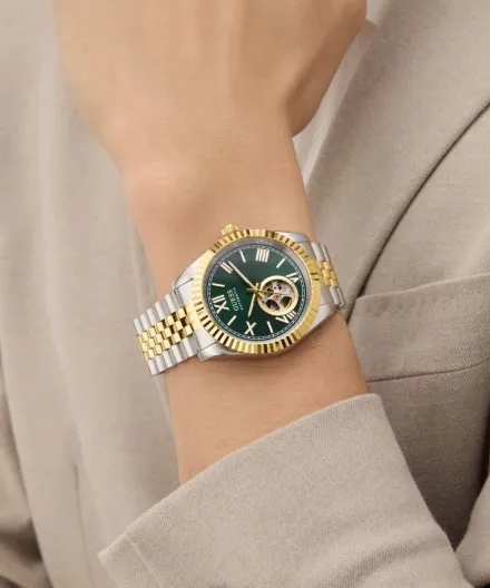 Guess Connoisseur zegarek automatyczny srebrno-złoty z zieloną tarczą GW0984G4