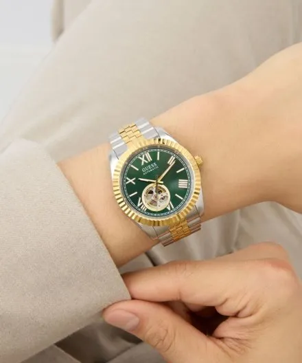 Guess Connoisseur zegarek automatyczny srebrno-złoty z zieloną tarczą GW0984G4