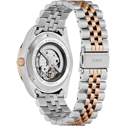 Guess Connoisseur zegarek automatyczny srebrno-różowozłoty z granatową tarczą GW0984G5