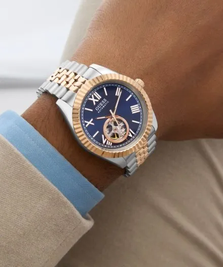 Guess Connoisseur zegarek automatyczny srebrno-różowozłoty z granatową tarczą GW0984G5