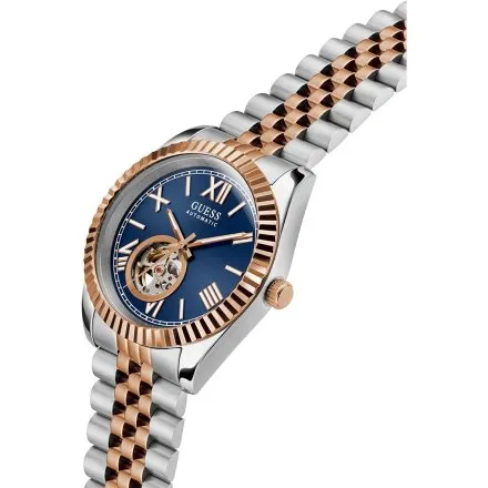 Guess Connoisseur zegarek automatyczny srebrno-różowozłoty z granatową tarczą GW0984G5
