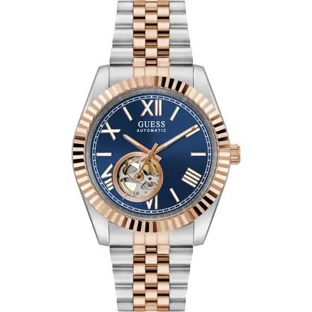 Guess Connoisseur zegarek automatyczny srebrno-różowozłoty z granatową tarczą GW0984G5