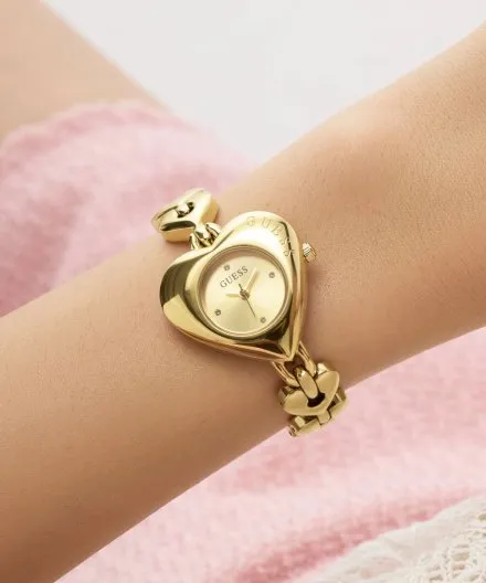 Guess Valerie złoty zegarek damski na bransolecie serce GW0992L2