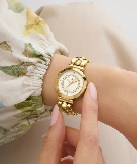 Guess Leena zegarek damski złoty ze srebrną tarczą na bransolecie GW0994L2
