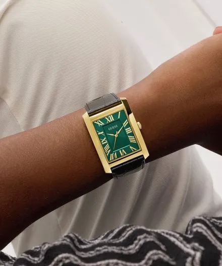 Guess Clyde zegarek męski na pasku złoty z zieloną tarczą GW1003G3