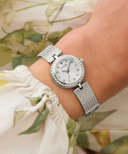 Guess Holly srebrny zegarek damski na bransolecie ze zdobieniami GW1017L1