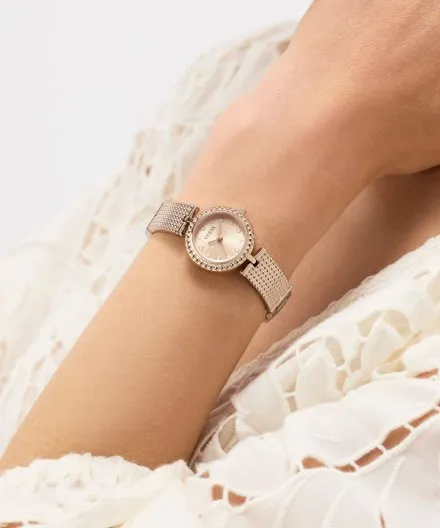 Guess Holly różowozłoty zegarek damski na bransolecie ze zdobieniami GW1017L4