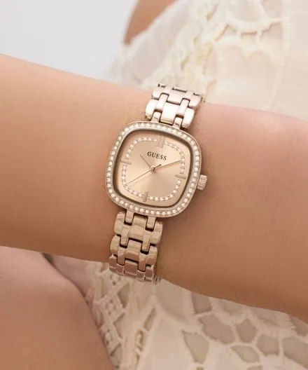 Guess Hazel różowozłoty zegarek damski na bransolecie kryształki GW1018L4