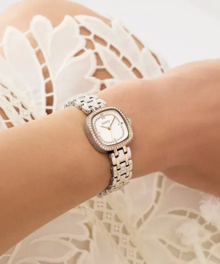 Guess Hazel srebrny zegarek damski na bransolecie różowozłote detale GW1018L5