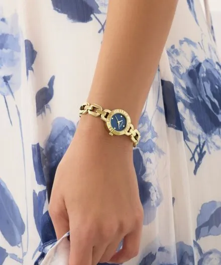 Guess Siren złoty zegarek damski na bransolecie z granatową tarczą GW1019L2