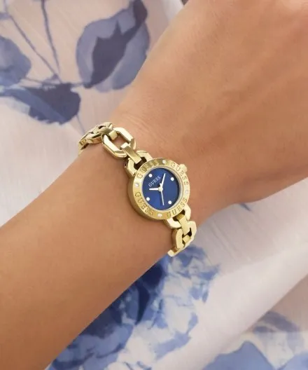 Guess Siren złoty zegarek damski na bransolecie z granatową tarczą GW1019L2