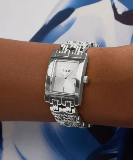 Guess Cove srebrny zegarek damski prostokątny na bransolecie GW1026L1