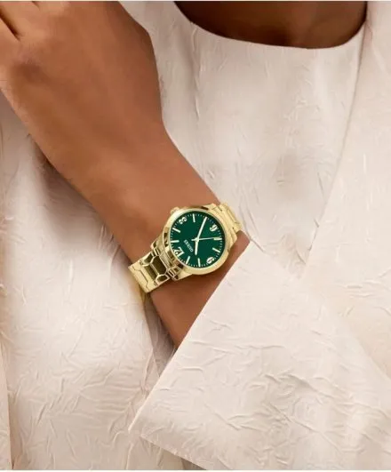 Guess Winni złoty zegarek damski na bransolecie z zieloną tarczą GW1028L2