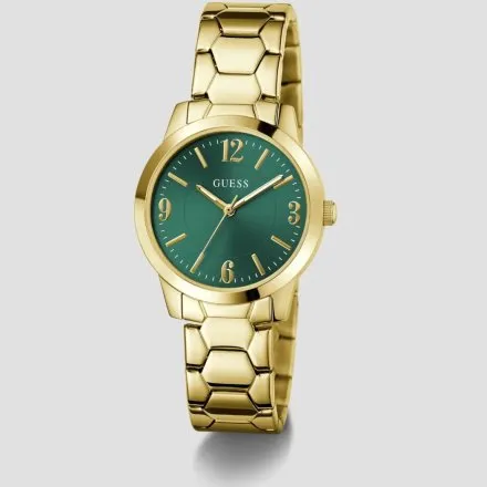 Guess Winni złoty zegarek damski na bransolecie z zieloną tarczą GW1028L2