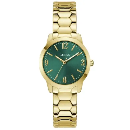 Guess Winni złoty zegarek damski na bransolecie z zieloną tarczą GW1028L2