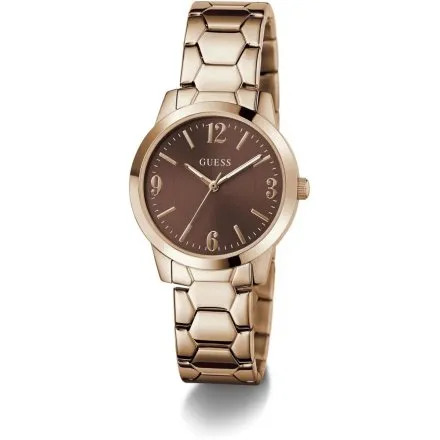 Guess Winni różowozłoty zegarek damski na bransolecie z brązową tarczą GW1028L4