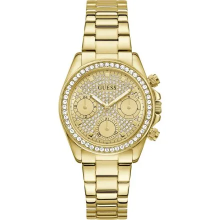 Guess Victoria zegarek damski złoty na bransolecie z kryształkami multidata GW1037L2