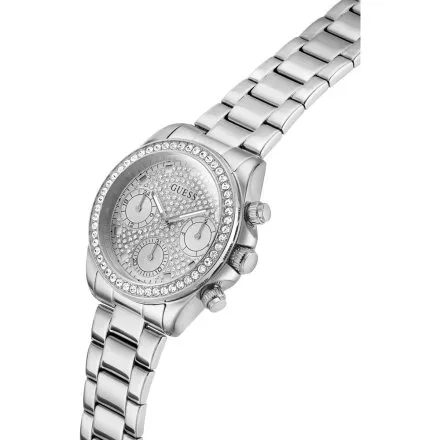 Guess Victoria zegarek damski srebrny na bransolecie z kryształkami multidata GW1037L1