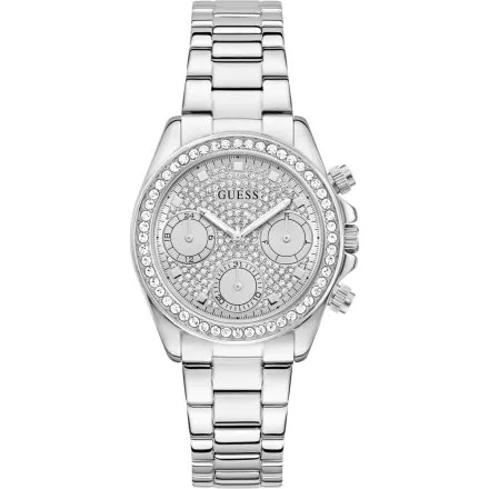 Guess Victoria zegarek damski srebrny na bransolecie z kryształkami multidata GW1037L1