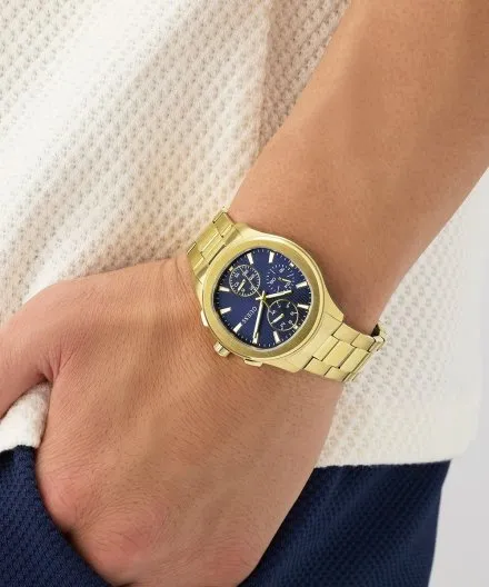 Guess Palmer zegarek męski na bransolecie złoty z granatową tarczą GW1048G2