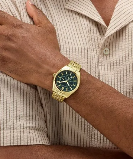 Guess Camden zegarek męski na bransolecie złoty z zieloną tarczą GW1051G2
