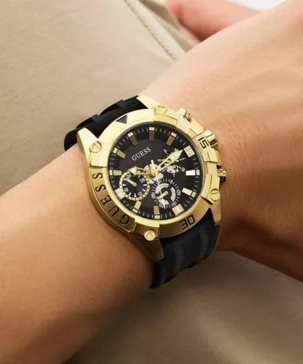 Guess Prospect zegarek męski na pasku czarno-złoty GW1060G2