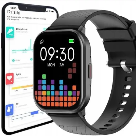 Rubicon RNCF34 czarny smartwatch z funkcją rozmowy prostokąt SMARUB351