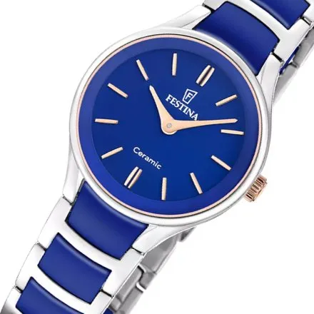 Festina Ceramic zegarek damski srebrny na granatowej bransolecie 20752/5