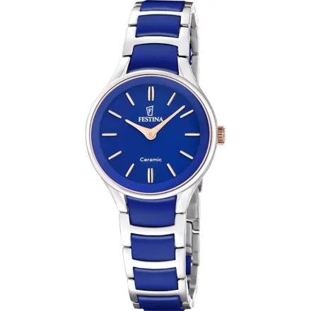 Festina Ceramic zegarek damski srebrny na granatowej bransolecie 20752/5