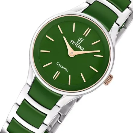 Festina Ceramic zegarek damski srebrny na zielonej bransolecie 20752/6